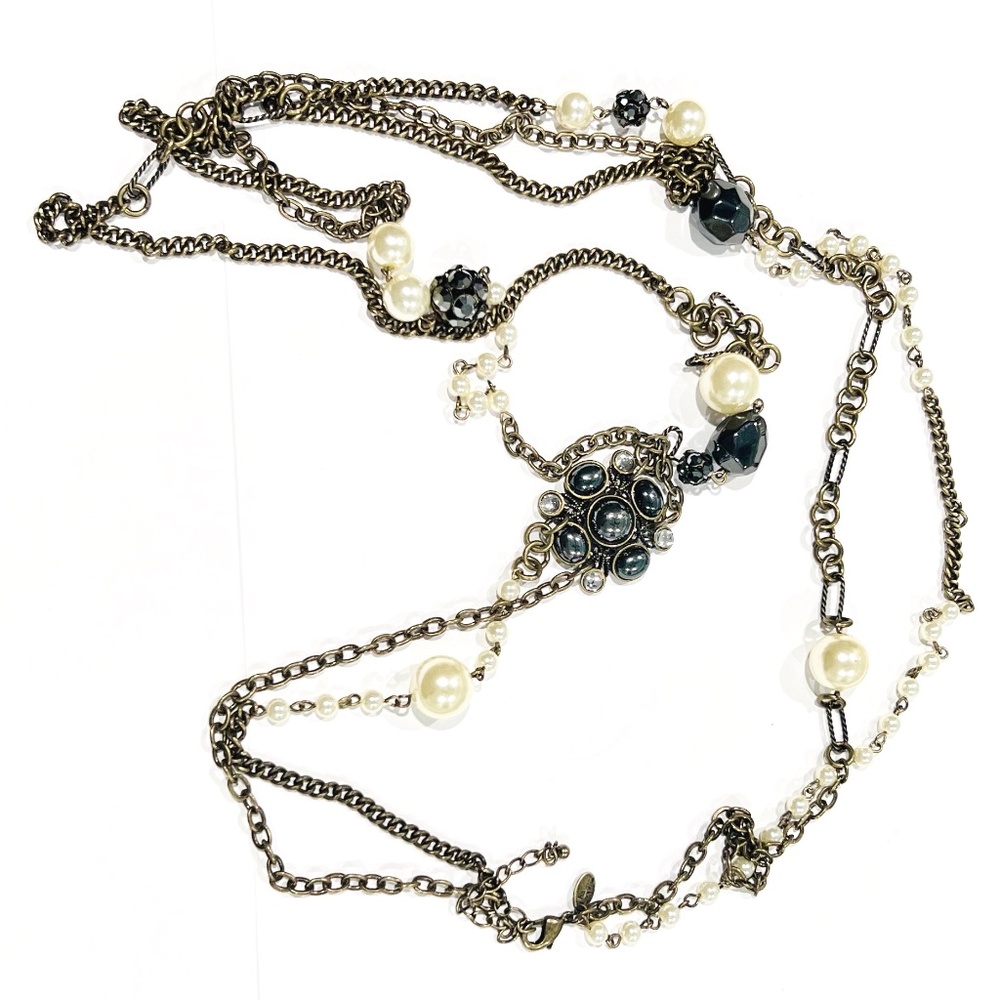 Lia Sophia Necklace Antique Gold-tone Simulated Pearl Black Cabochon